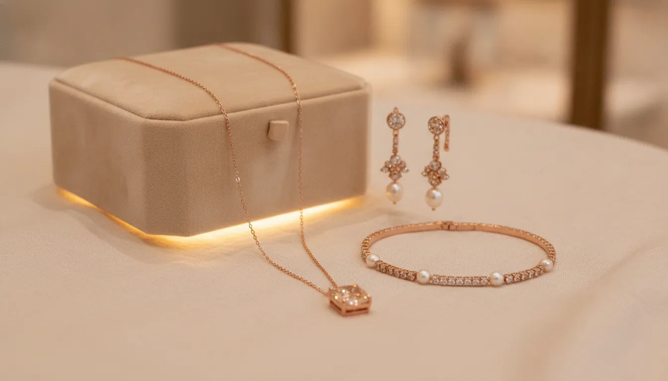 Coordinated jewelry set with necklace, earrings, and bracelet on a jewelry box
