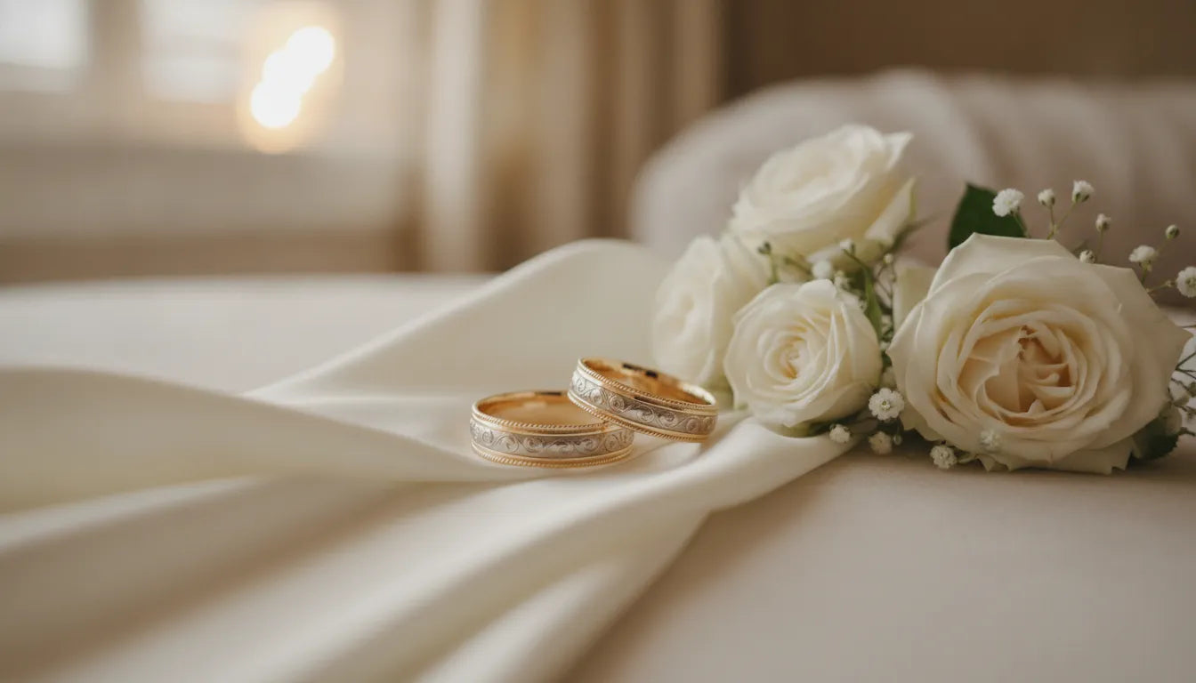 Vintage-inspired wedding bands with milgrain and filigree details resting beside white flowers