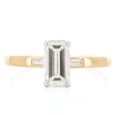1.12CTW Emerald + Baguette Diamond Three Stone Engagement Ring - 14K Yellow Gold