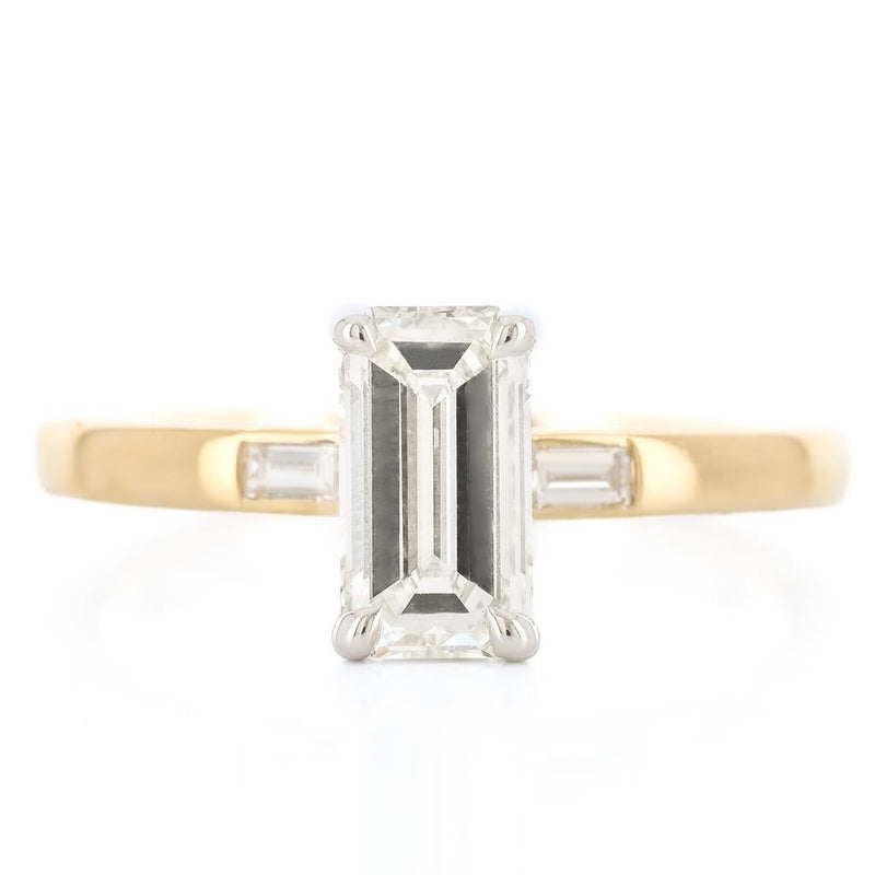 1.12CTW Emerald + Baguette Diamond Three Stone Engagement Ring - 14K Yellow Gold