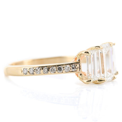 1.97CTW Emerald + Baguette Diamond Three Stone Engagment Ring - Pavé Band - 14K Yellow Gold