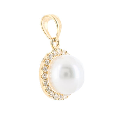 .08CTW Diamond + Cultured Freshwater Pendant - Halo - 14K Yellow Gold