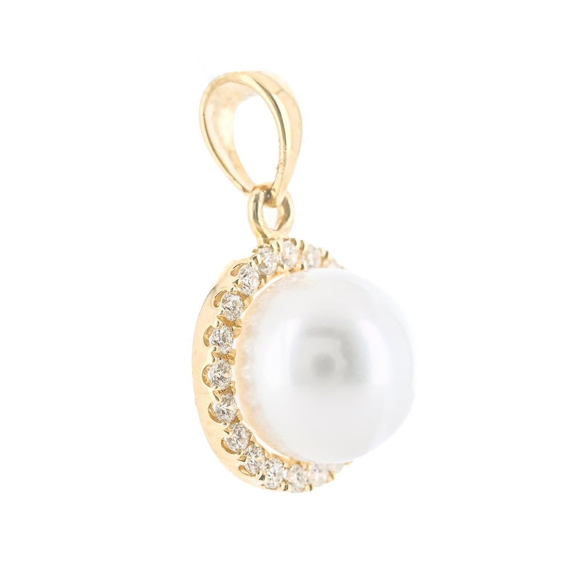 .08CTW Diamond + Cultured Freshwater Pendant - Halo - 14K Yellow Gold