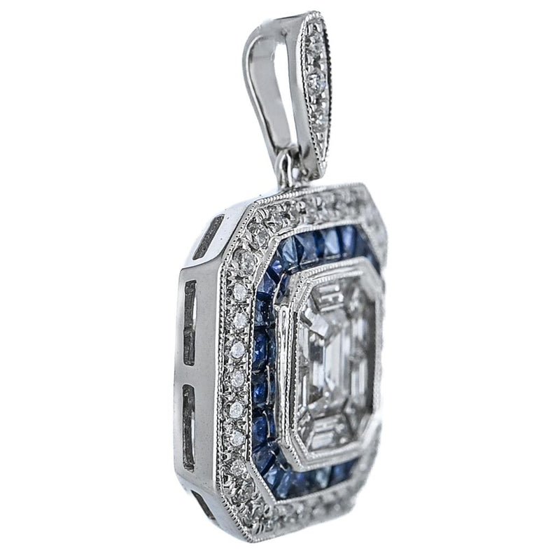 1.4CTW Emerald + Baguette  Diamond Pendant - Sapphire Halo - 14K White Gold