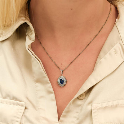 1.94CTW Oval Sapphire + Rose Cut Diamond Halo Pendant - 14K White Gold