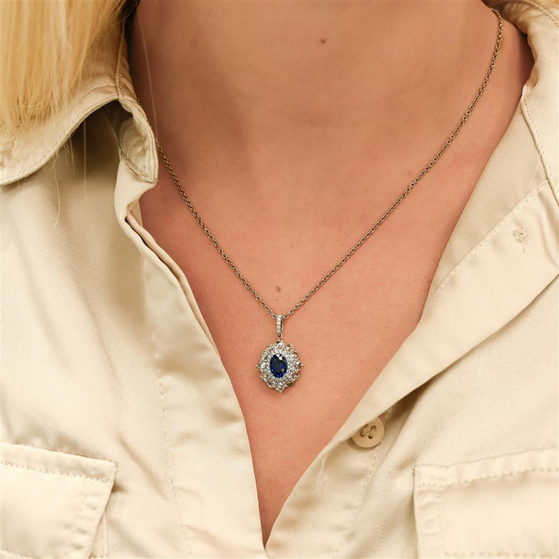 1.94CTW Oval Sapphire + Rose Cut Diamond Halo Pendant - 14K White Gold