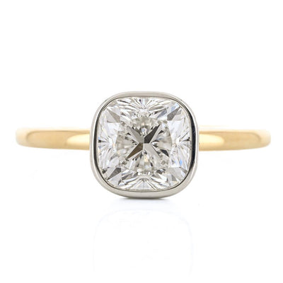 1.47CT Cushion Diamond Engagment Ring - Bezel + Solitaire - 14K Yellow Gold + 950 Platinum