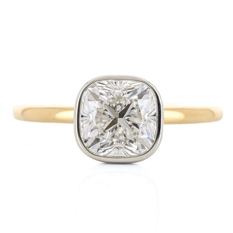 1.47CT Cushion Diamond Engagment Ring - Bezel + Solitaire - 14K Yellow Gold + 950 Platinum