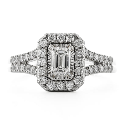 1.00CTW Emerald Diamond Illusion Set Engagement Ring - Halo + Split Shank  - 14K White Gold