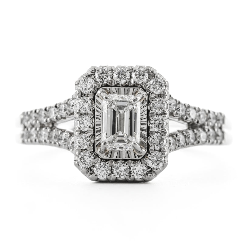1.00CTW Emerald Diamond Illusion Set Engagement Ring - Halo + Split Shank  - 14K White Gold