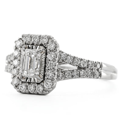 1.00CTW Emerald Diamond Illusion Set Engagement Ring - Halo + Split Shank  - 14K White Gold