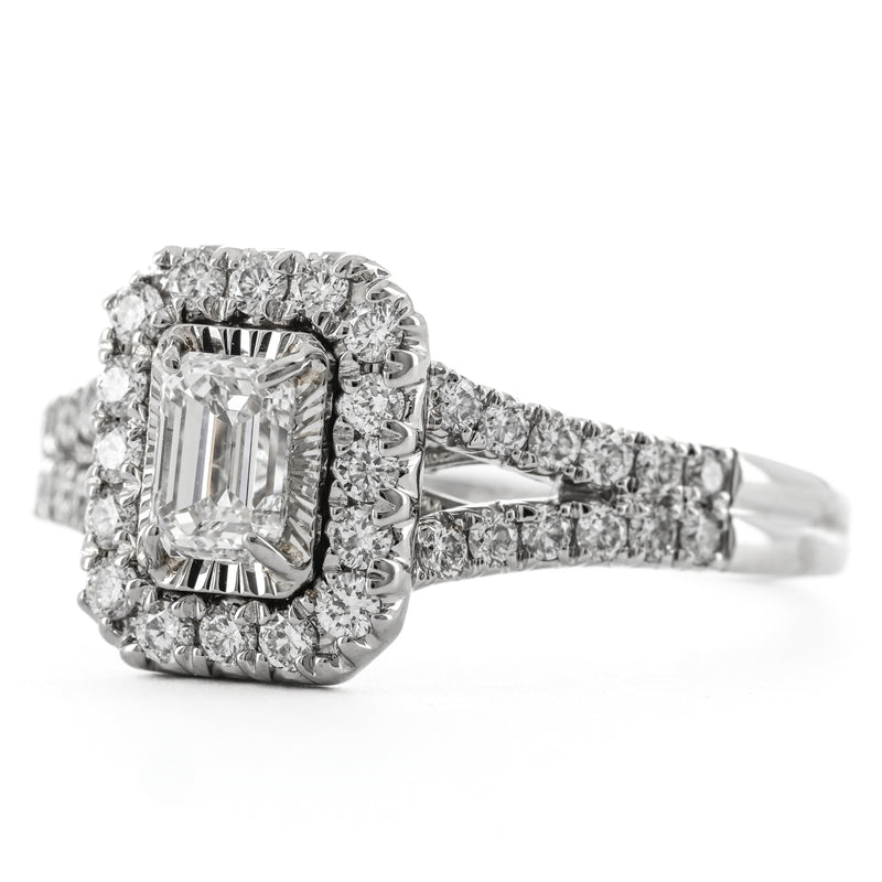 1.00CTW Emerald Diamond Illusion Set Engagement Ring - Halo + Split Shank  - 14K White Gold