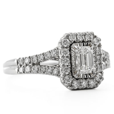 1.00CTW Emerald Diamond Illusion Set Engagement Ring - Halo + Split Shank  - 14K White Gold