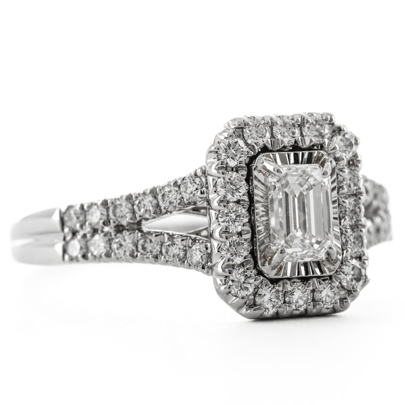 1.00CTW Emerald Diamond Illusion Set Engagement Ring - Halo + Split Shank  - 14K White Gold