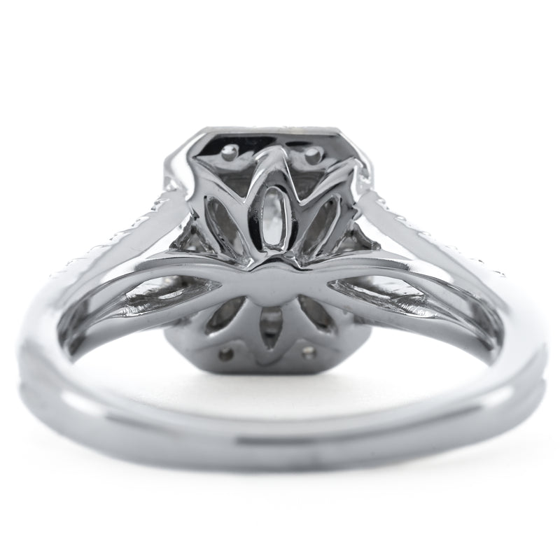 1.00CTW Emerald Diamond Illusion Set Engagement Ring - Halo + Split Shank  - 14K White Gold