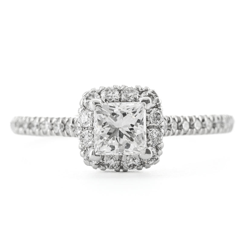 0.91CTW Princess Diamond Engagement Ring - Halo -  14K White Gold