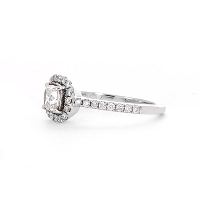 0.82ctw Cushion Diamond Engagement Ring, Halo, Pavê Band - 14K White Gold