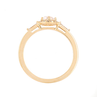 0.50ctw Rose Cut Three-Stone Diamond Engagement Ring, Halo, Tapered Baguettes - 14K Yellow Gold