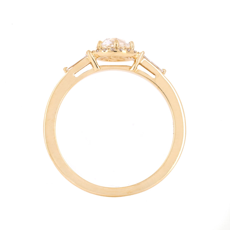 0.50ctw Rose Cut Three-Stone Diamond Engagement Ring, Halo, Tapered Baguettes - 14K Yellow Gold