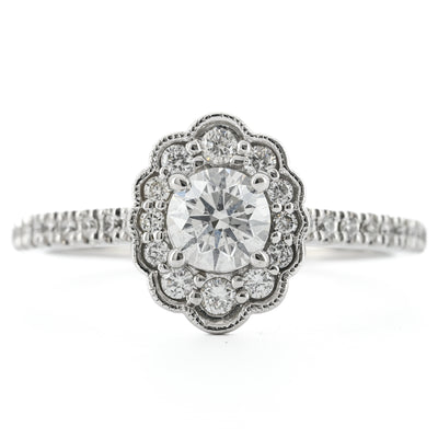 .69CTW Round Diamond Engagement Ring - Scalloped Halo - 14K White Gold