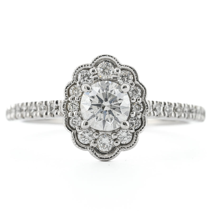 .69CTW Round Diamond Engagement Ring - Scalloped Halo - 14K White Gold