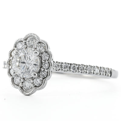 .69CTW Round Diamond Engagement Ring - Scalloped Halo - 14K White Gold