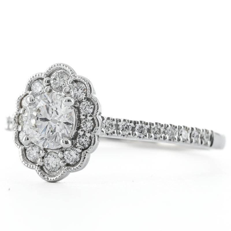 .69CTW Round Diamond Engagement Ring - Scalloped Halo - 14K White Gold