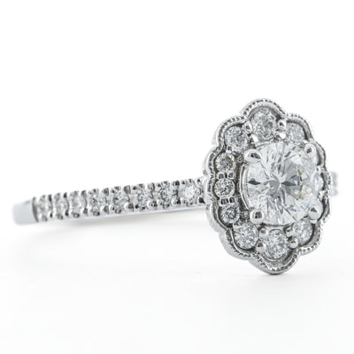 .69CTW Round Diamond Engagement Ring - Scalloped Halo - 14K White Gold