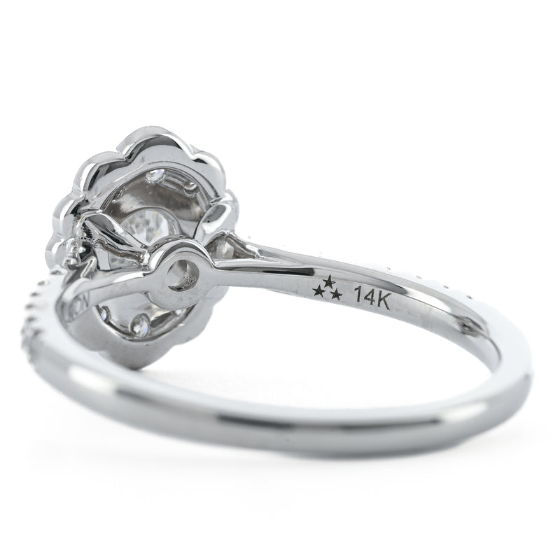 .69CTW Round Diamond Engagement Ring - Scalloped Halo - 14K White Gold