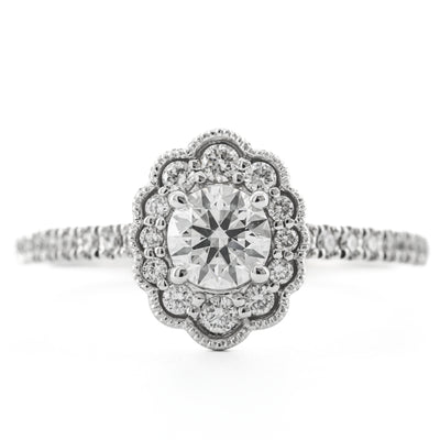 .70CTW Round Diamond Engagement Ring - Scalloped Halo - 14K White Gold