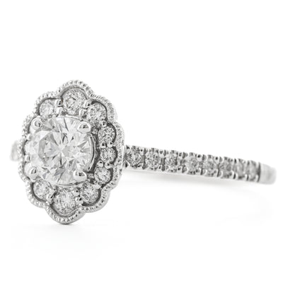 .70CTW Round Diamond Engagement Ring - Scalloped Halo - 14K White Gold