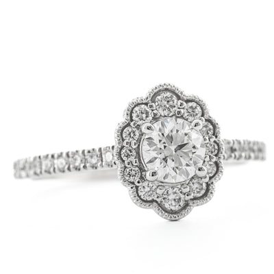 .70CTW Round Diamond Engagement Ring - Scalloped Halo - 14K White Gold