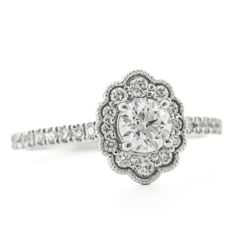 .70CTW Round Diamond Engagement Ring - Scalloped Halo - 14K White Gold