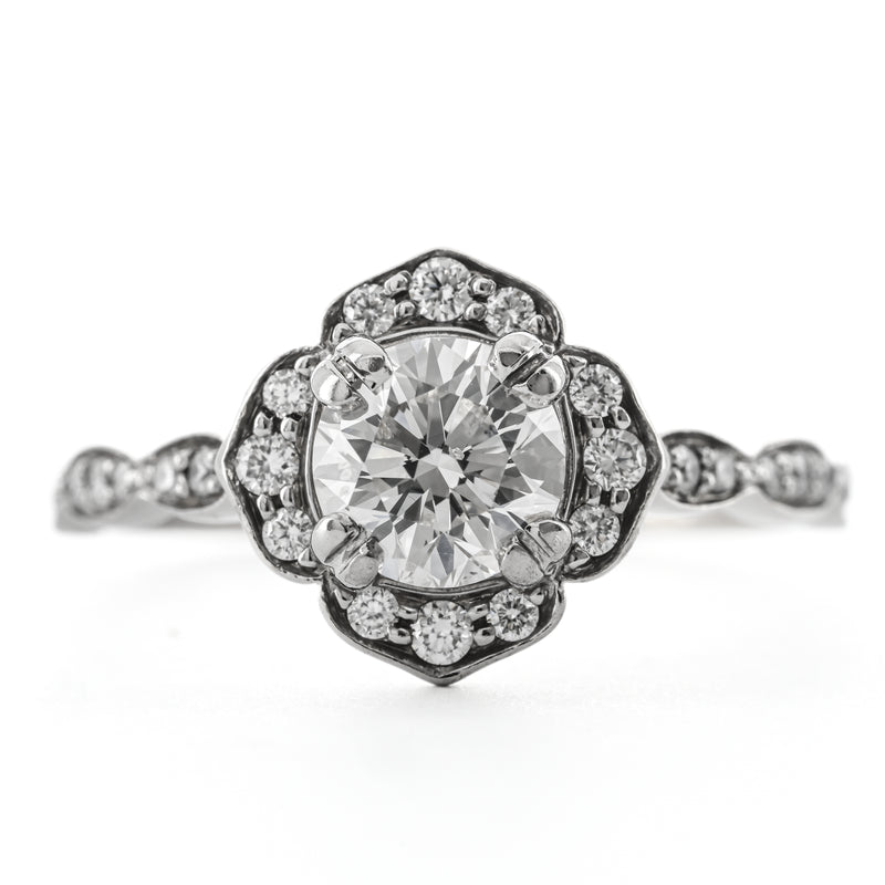 1.3CTW Round Diamond Engagement Ring - Scalloped Halo - 14K White Gold