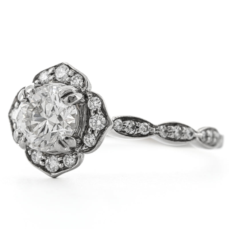 1.3CTW Round Diamond Engagement Ring - Scalloped Halo - 14K White Gold