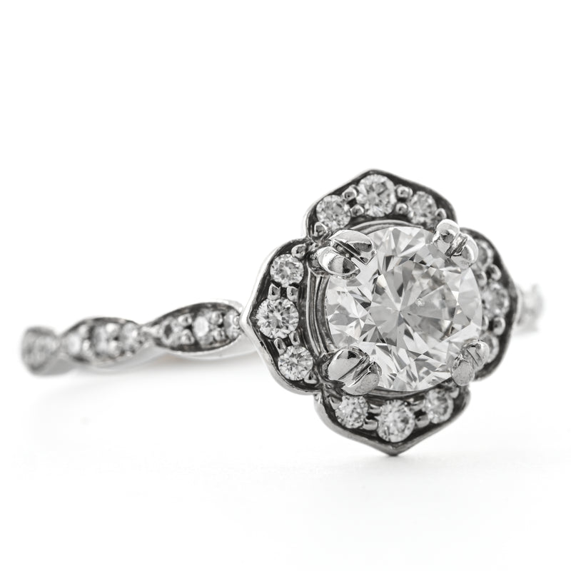 1.3CTW Round Diamond Engagement Ring - Scalloped Halo - 14K White Gold