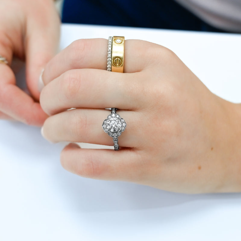 1.3CTW Round Diamond Engagement Ring - Scalloped Halo - 14K White Gold