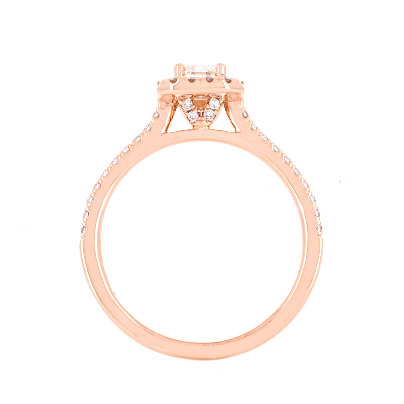 0.80ctw Emerald Diamond Engagement Ring, Halo, Pavê Band - 14K Rose Gold