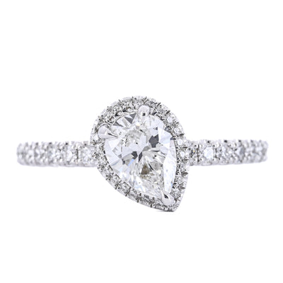 1.12CTW Slanted Pear Diamond Engagement Ring - Halo + Pavé Band - 14K White Gold