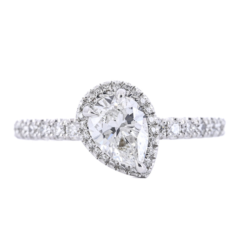 1.12CTW Slanted Pear Diamond Engagement Ring - Halo + Pavé Band - 14K White Gold
