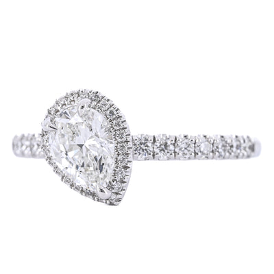 1.12CTW Slanted Pear Diamond Engagement Ring - Halo + Pavé Band - 14K White Gold