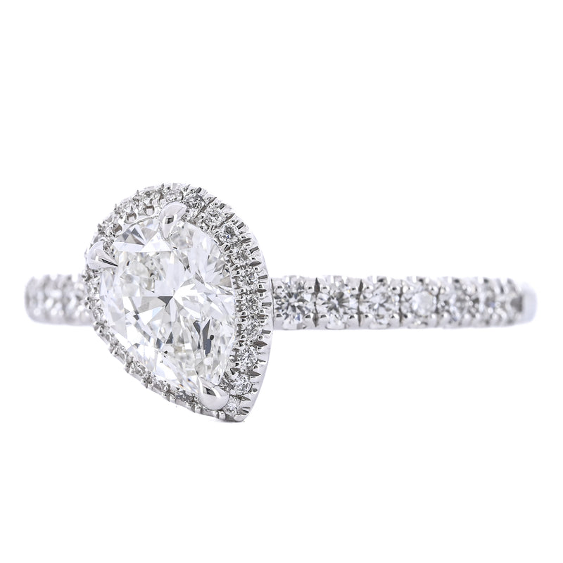 1.12CTW Slanted Pear Diamond Engagement Ring - Halo + Pavé Band - 14K White Gold