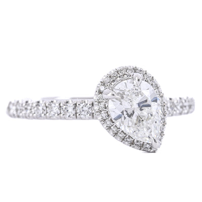 1.12CTW Slanted Pear Diamond Engagement Ring - Halo + Pavé Band - 14K White Gold