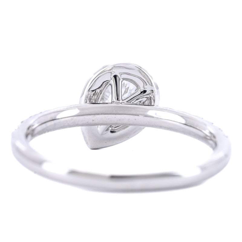 1.12CTW Slanted Pear Diamond Engagement Ring - Halo + Pavé Band - 14K White Gold