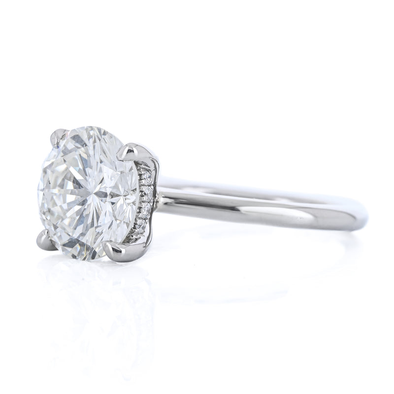 3.02CTW Round Diamond Engagement Ring - Solitaire + Hidden Halo - 14K White Gold