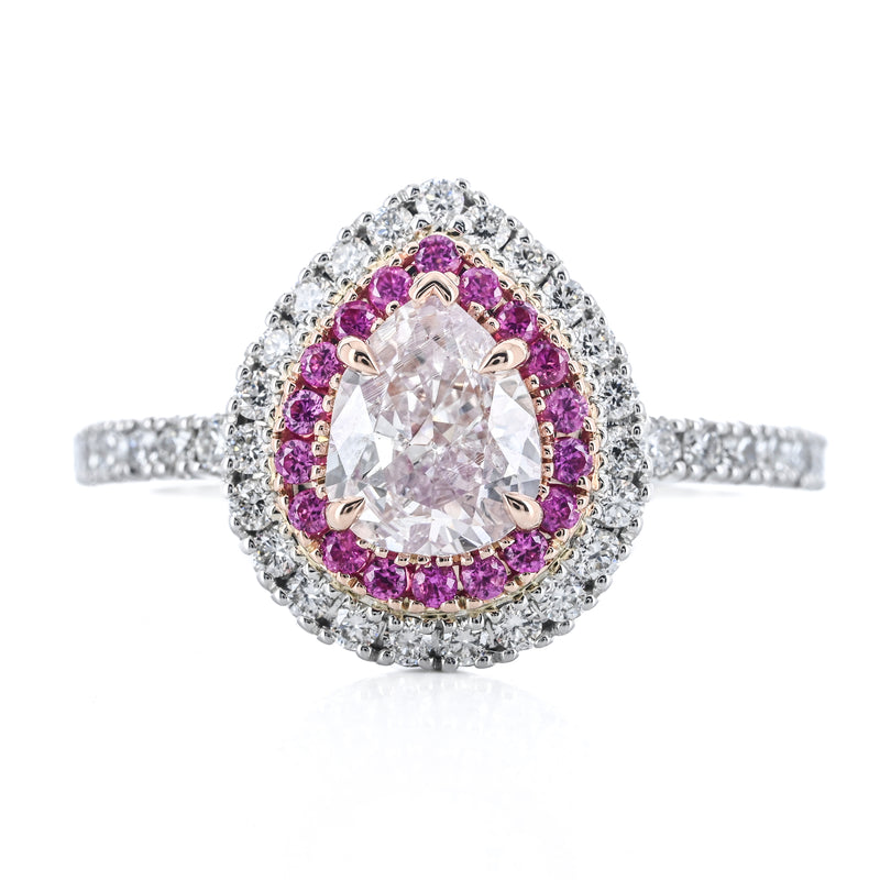 1.28CTW Pear Diamond Engagement Ring - Double Halo - 14K Rose Gold + 14K White Gold