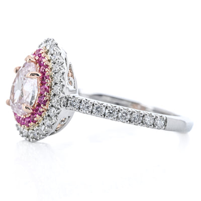 1.28CTW Pear Diamond Engagement Ring - Double Halo - 14K Rose Gold + 14K White Gold