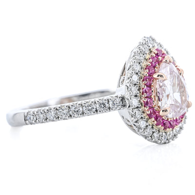 1.28CTW Pear Diamond Engagement Ring - Double Halo - 14K Rose Gold + 14K White Gold