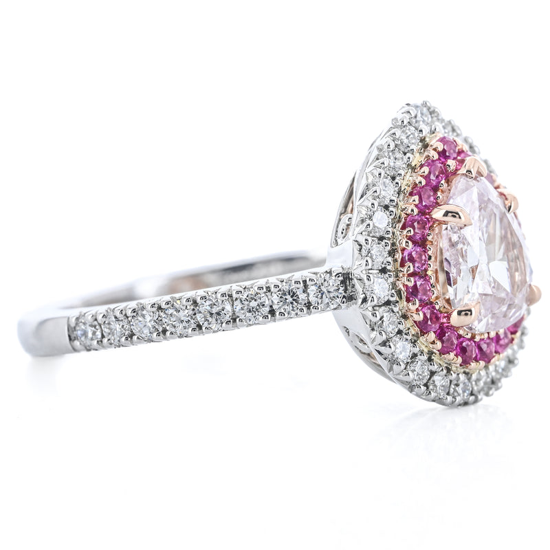 1.28CTW Pear Diamond Engagement Ring - Double Halo - 14K Rose Gold + 14K White Gold