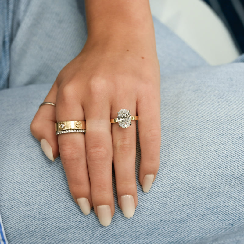 3.14CTW Oval Lab-Grown Diamond Engagement Ring, 3mm band - Hidden Halo + Solitaire - 14K Yellow Gold + 950 Platinum